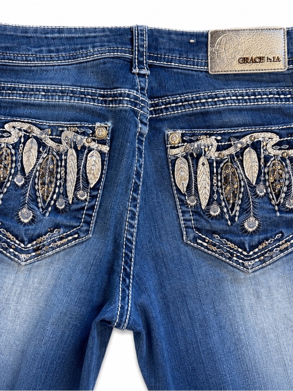 Grace in LA Womens Bootcut Jeans Feather Dreamcatcher Bling Western Y2K Size 31 - Picture 2 of 14